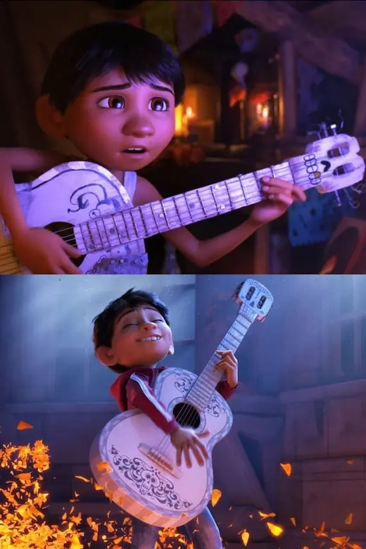 Arriba, Miguel con la guitarra que él mismo diseña; abajo, Coco con la guitarra real en el cementerio.