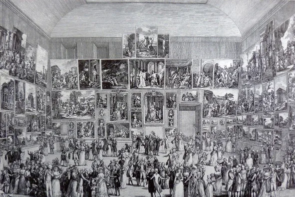 Pietro Antonio Martini (1738–1797), Exposición en el Salon del Louvre en 1787, grabado de Johann Heinrich Ramberg, 1787.
