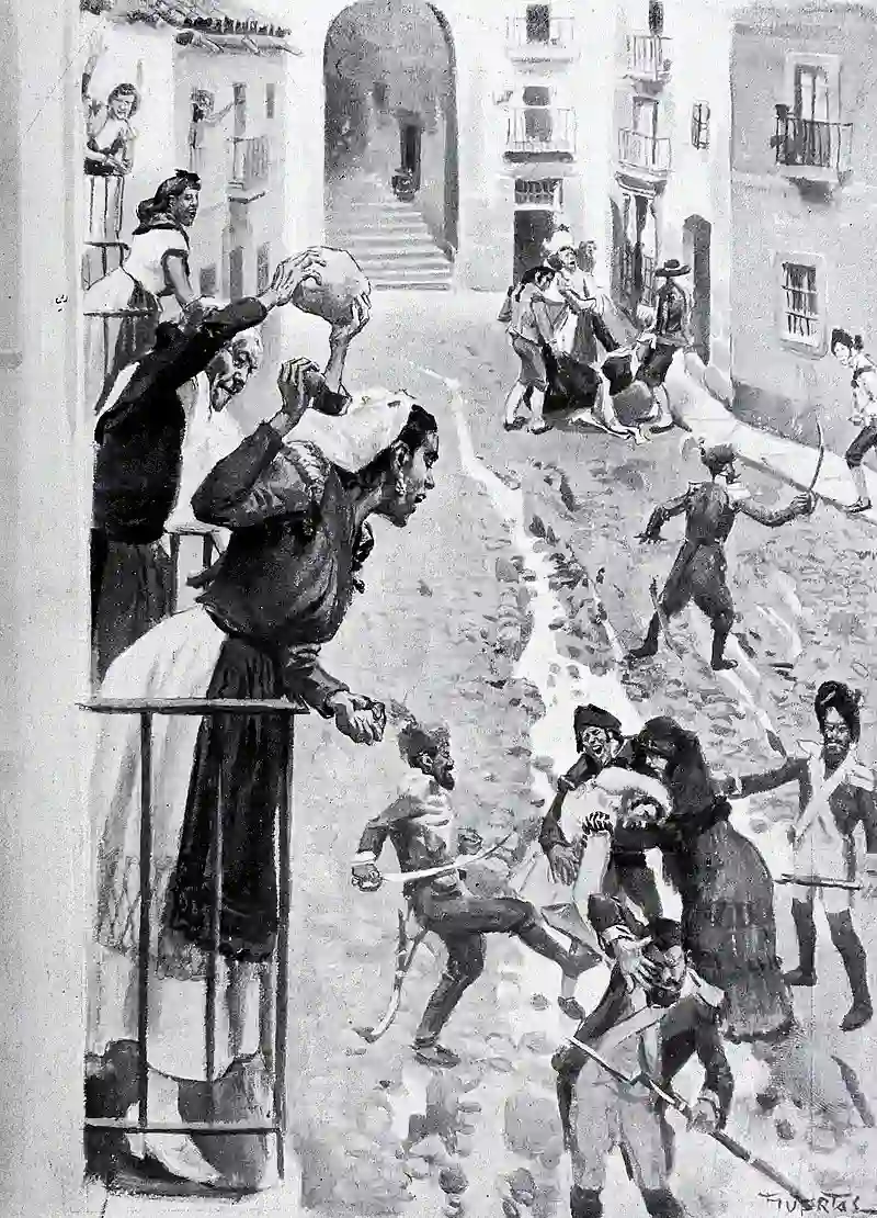 «El dos de mayo en Madrid. Escenas en la calle de Cuchilleros». Ilustración de Huertas en el número del 2 de mayo de 1908 de la revista Blanco y Negro